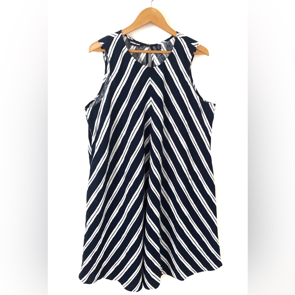 Lands End 100% Linen Sleeveless Swing Midi Dress Navy White Sz 1X Plus Pockets